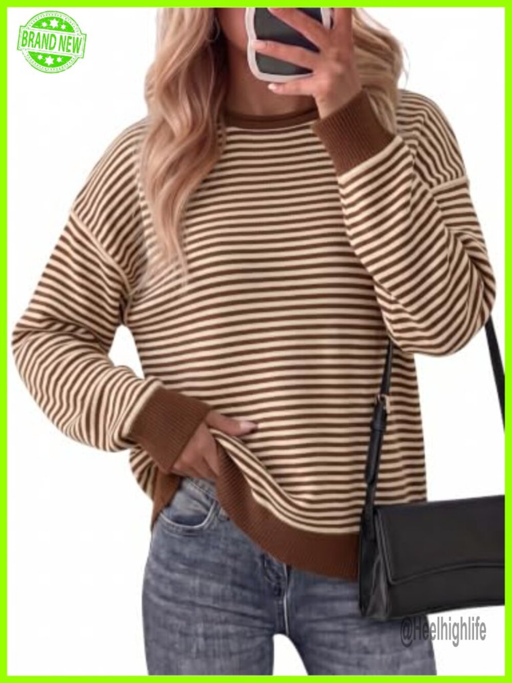 Womens Oversized Striped Knit Pullover Sweater Crewneck Long Sleeve Fall